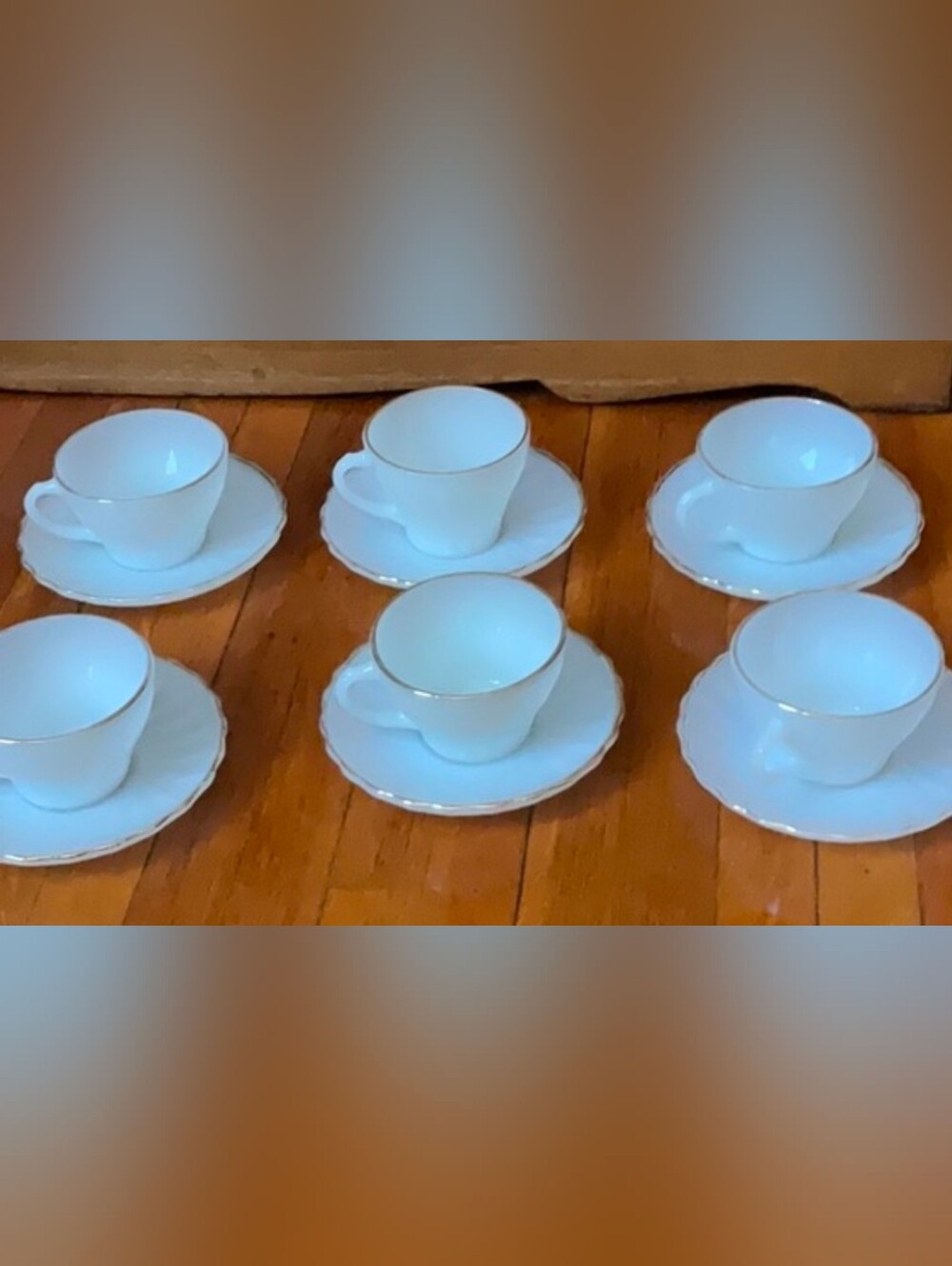 Fire King White Swirl Gold Trim Glass Coffee or Tea Cup and Saucer (Set Of 6)